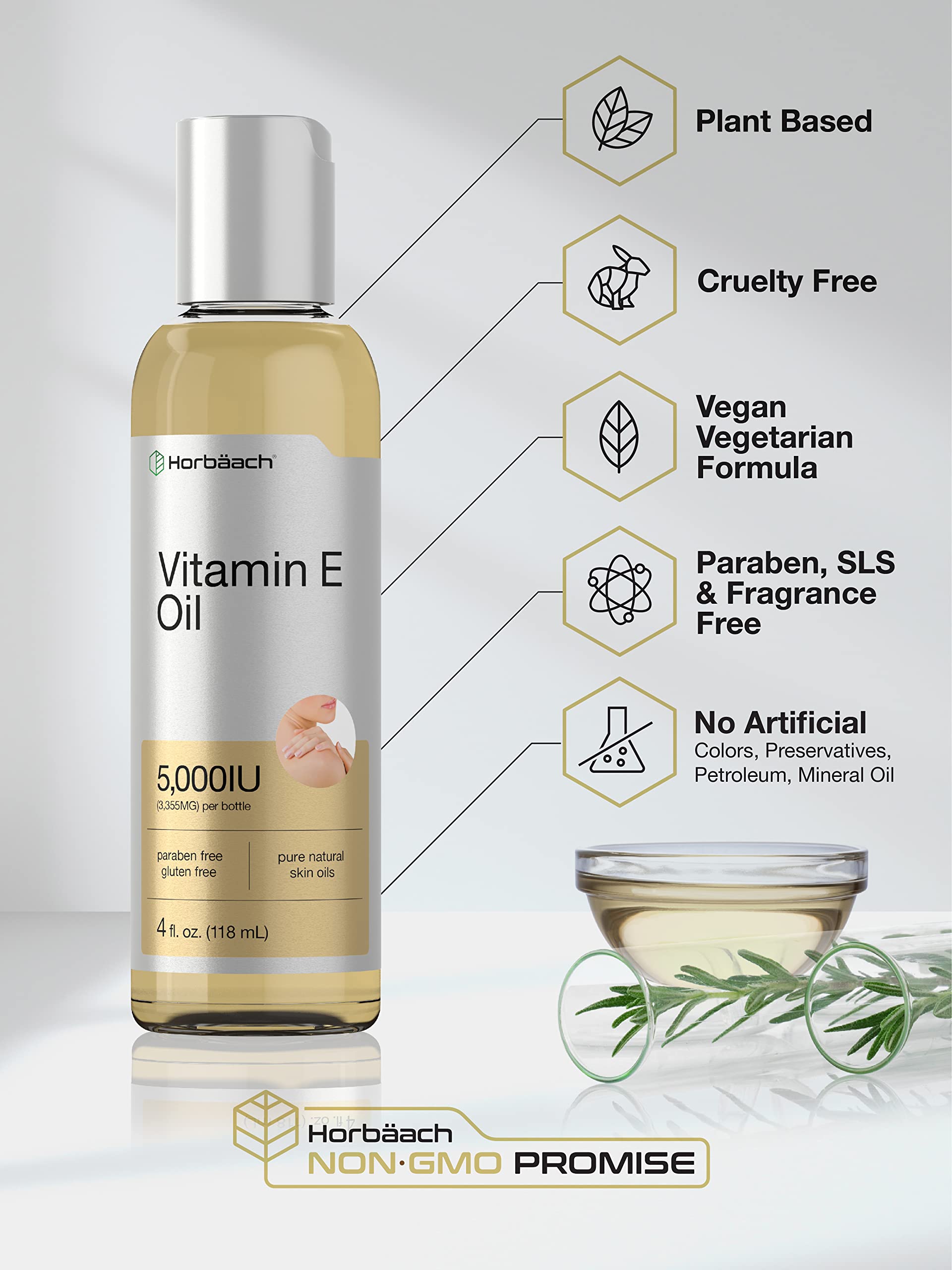 Vitamin E Oil | 5000 IU | 8 oz (2 x 4oz) Value Pack | for Skin, Hair, Face & Body | Vegetarian Horbäach