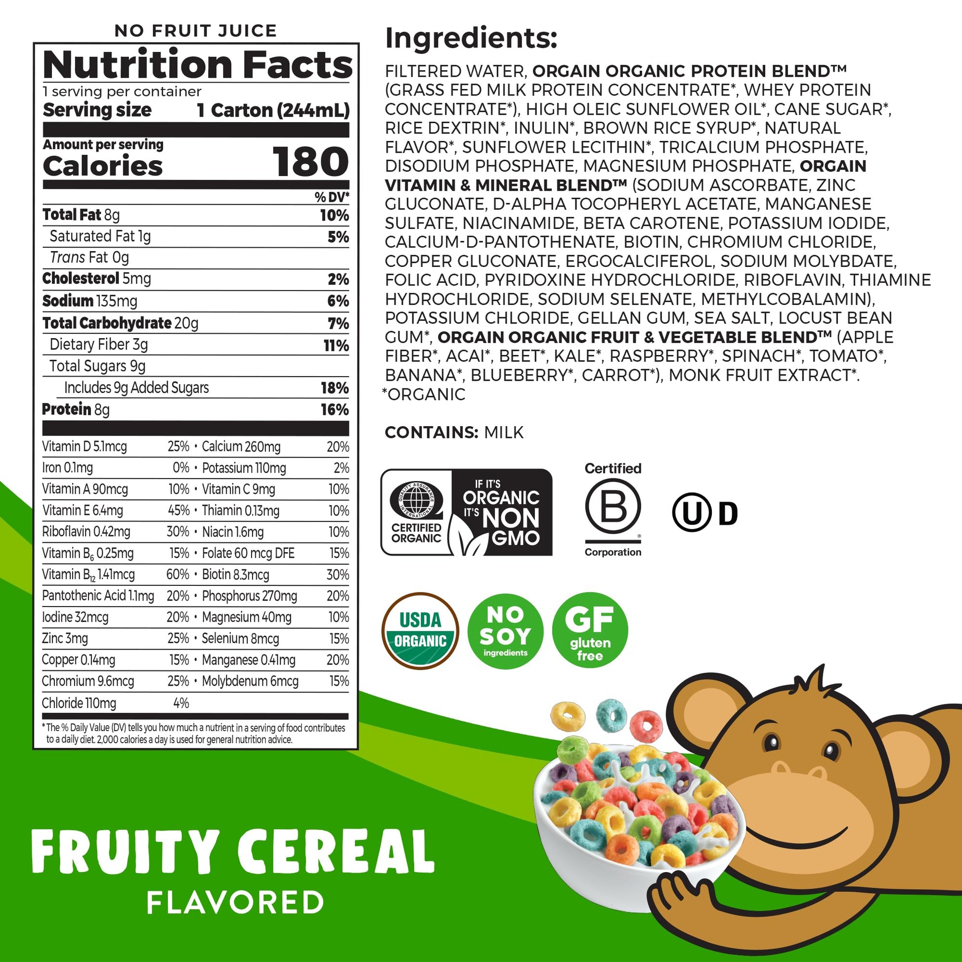 Orgain Organic Kids Nutritional Protein Shake, Fruity Cereal - Kids Snacks with 8g Dairy Orgain