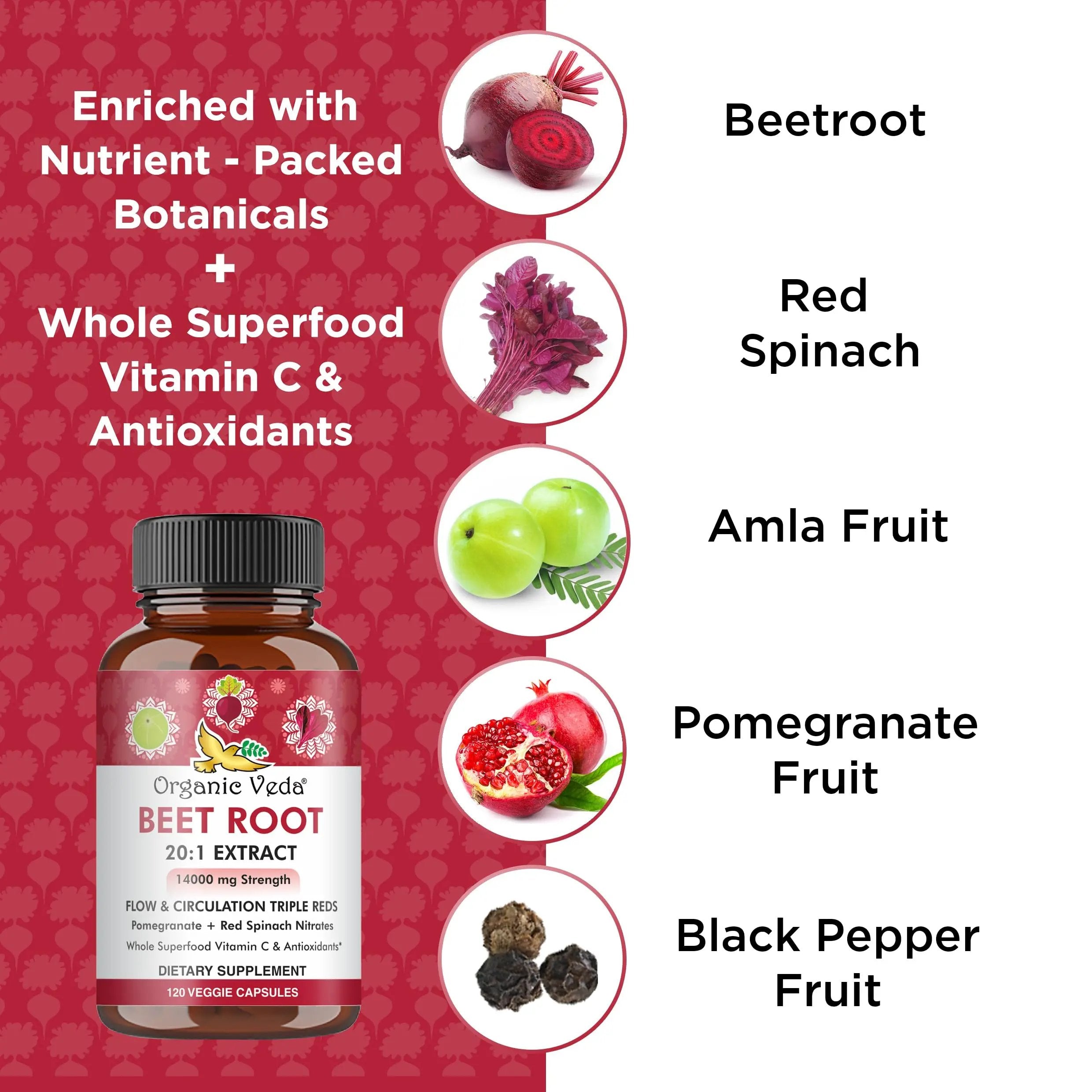 Organic Veda Beet Root Capsules - Triple Reds Nitric Oxide Beets Supplements - Concentrated Nitrates and Vitamin C Blend of Beet Root Extract, Red Spinach, Pomegranate, Black Pepper - 120 Capsules
