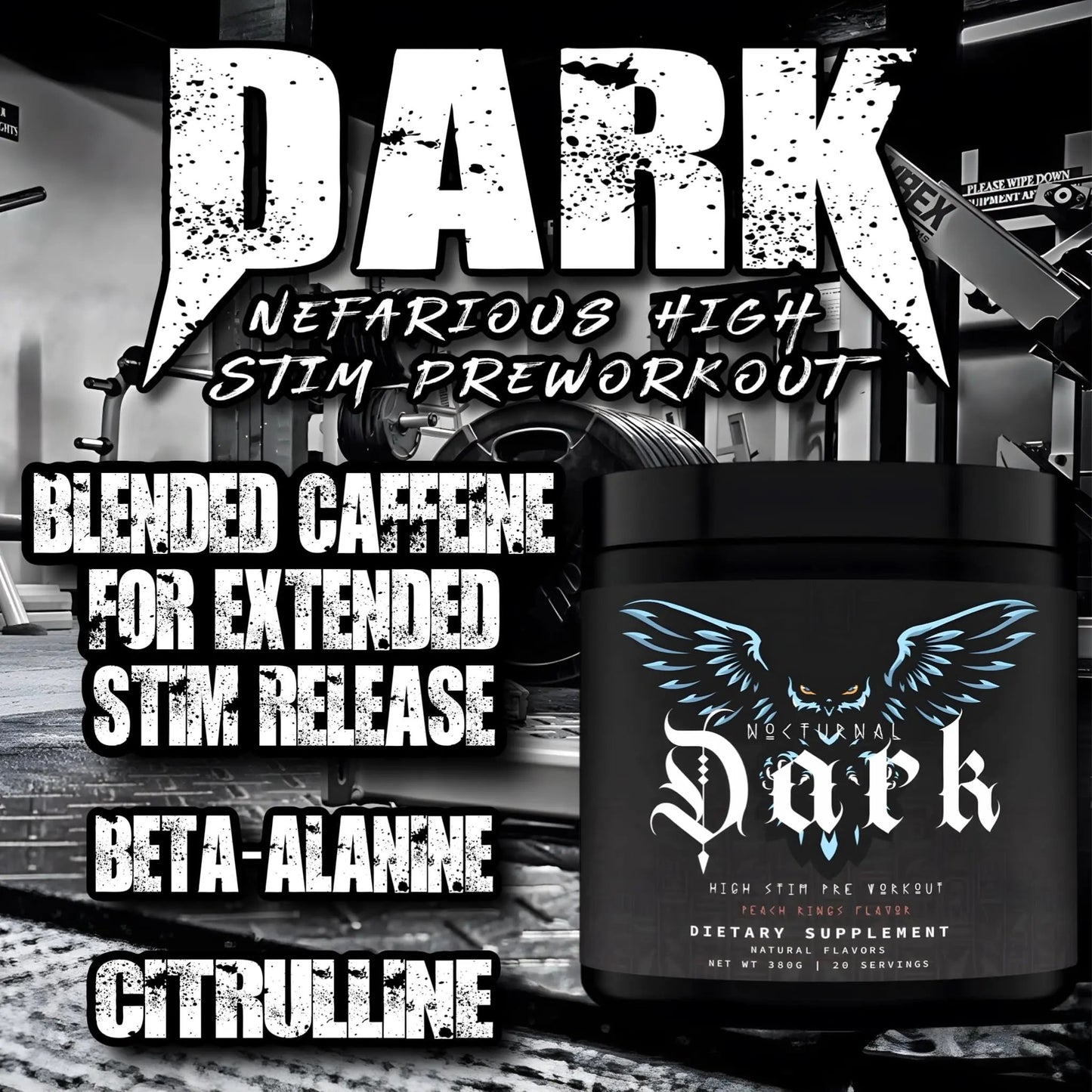 Nocturnal Labz Dark High Stim Pre Workout Powder | Potent Pre-workout Formula for Men & Women, Maximize Energy, Focus, Endurance, Citrulline Malate, Caffeine, Beta-Alanine, (20 Servings) (Peach Rings)