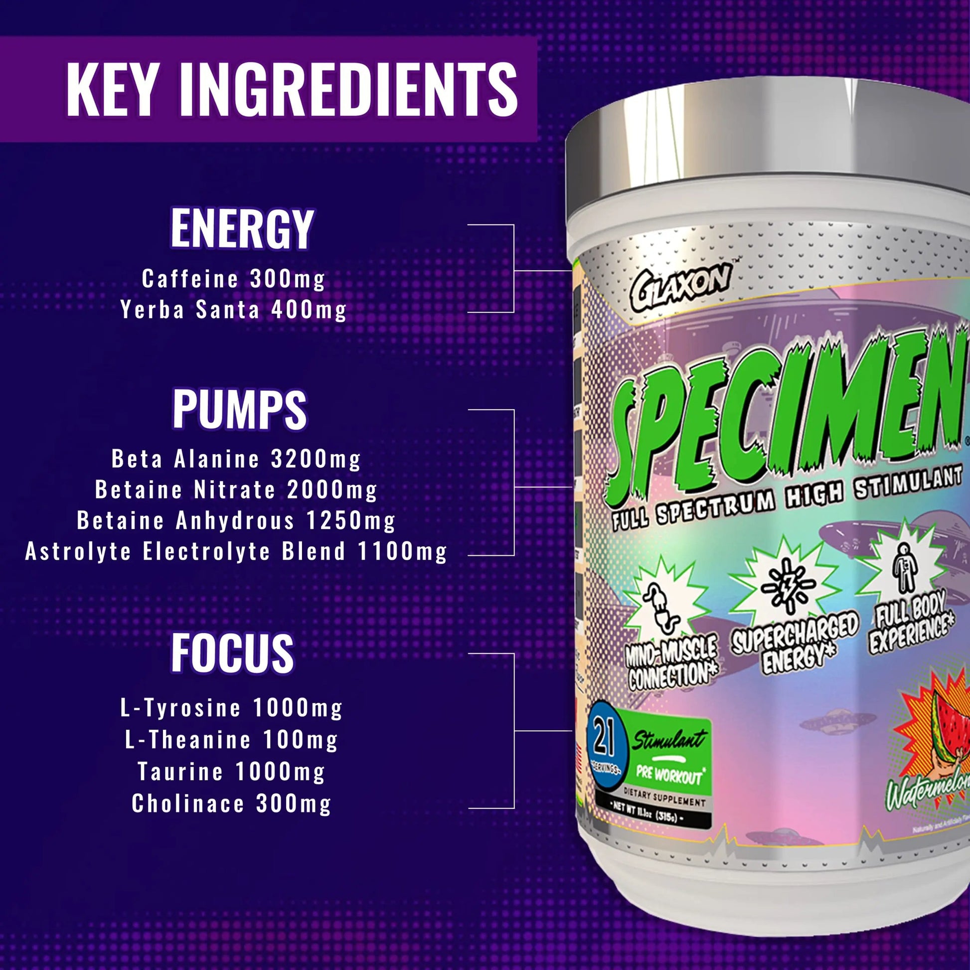 Glaxon Specimen High Stimulant Pre Workout Powder, Preworkout with 300mg Caffeine and 3200mg Beta Alanine Per Serving for Workout-Dominating Energy, Focus, and Pump (Alien Pop)