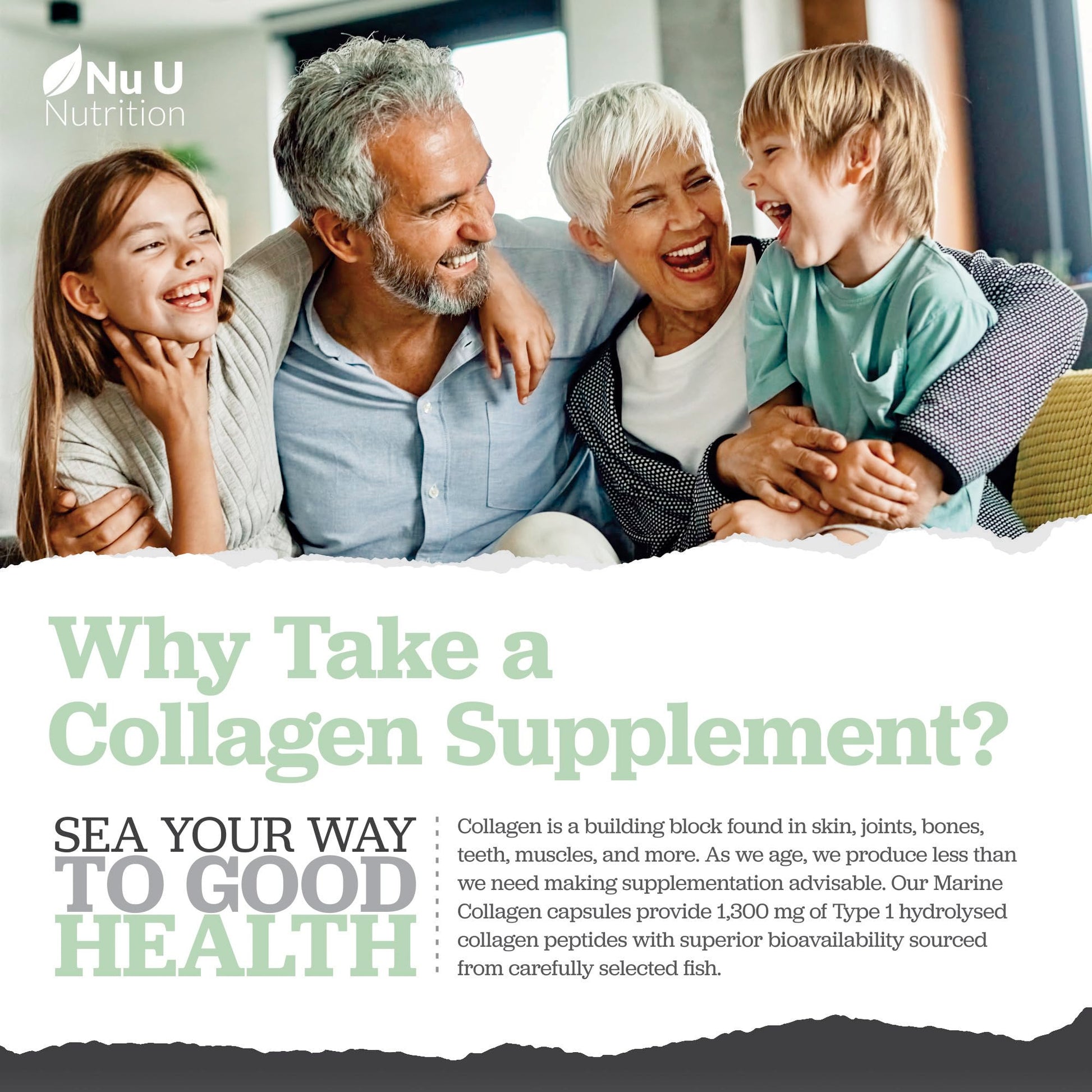 Marine Collagen with Hyaluronic Acid, Vitamin C - 90 Hydrolysed Capsules (not Tablets Nu U Nutrition