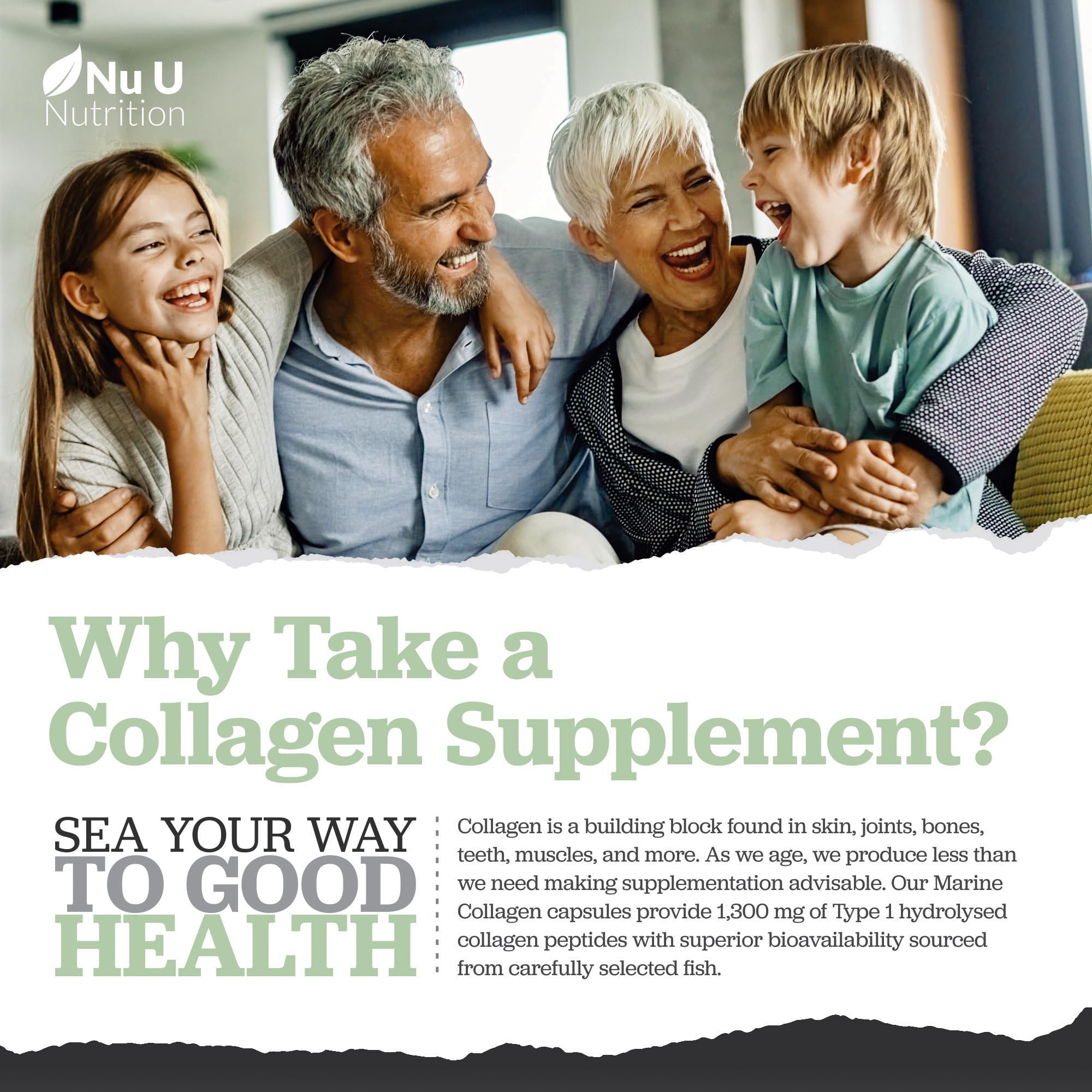Marine Collagen with Hyaluronic Acid, Vitamin C - 90 Hydrolysed Capsules (not Tablets Nu U Nutrition