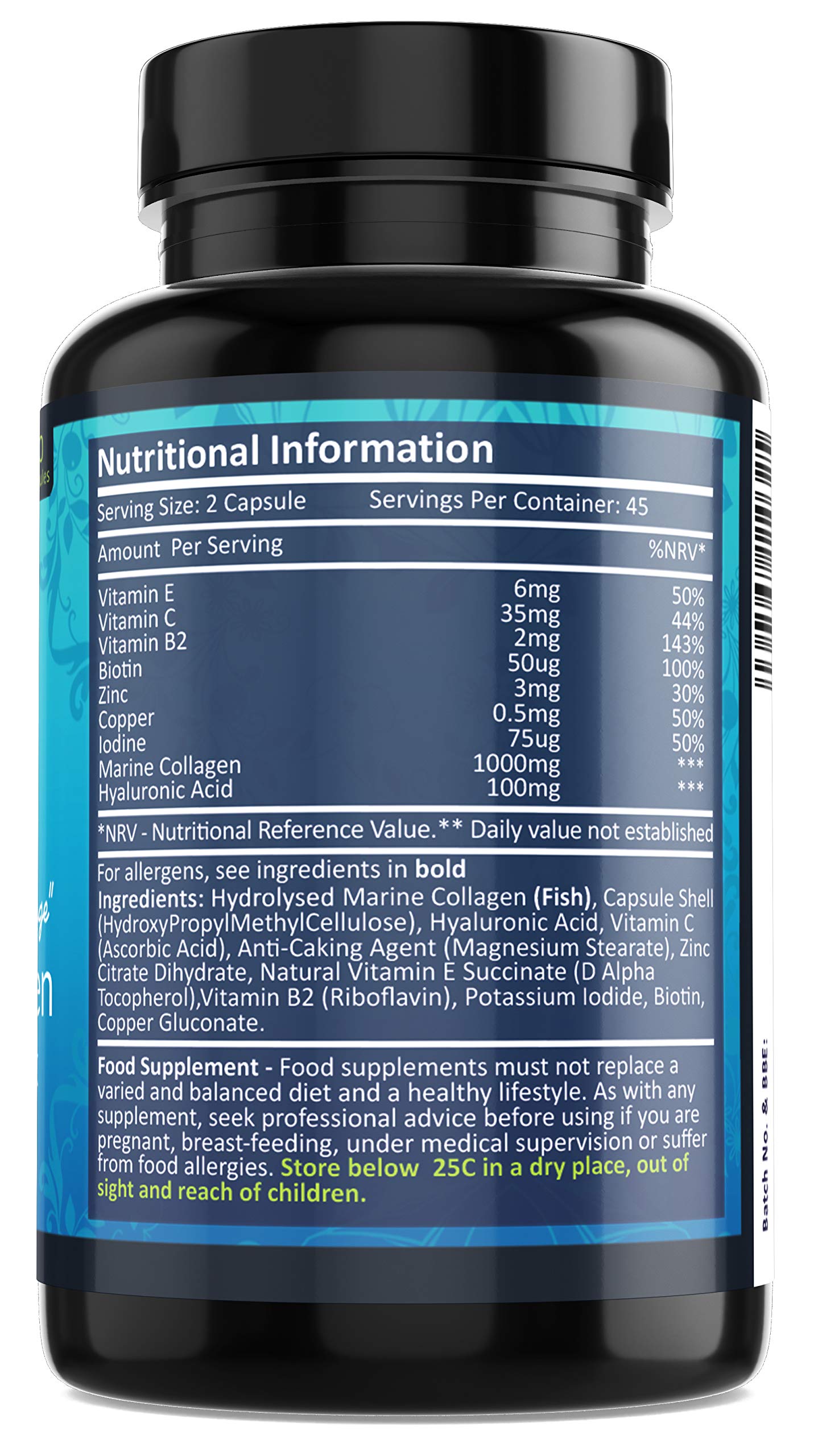 Marine Collagen Tablets 1000mg - 90 Premium Type 1 Hydrolysed Collagen Capsules with Hyaluronic Acid Fresh Start Nutrition