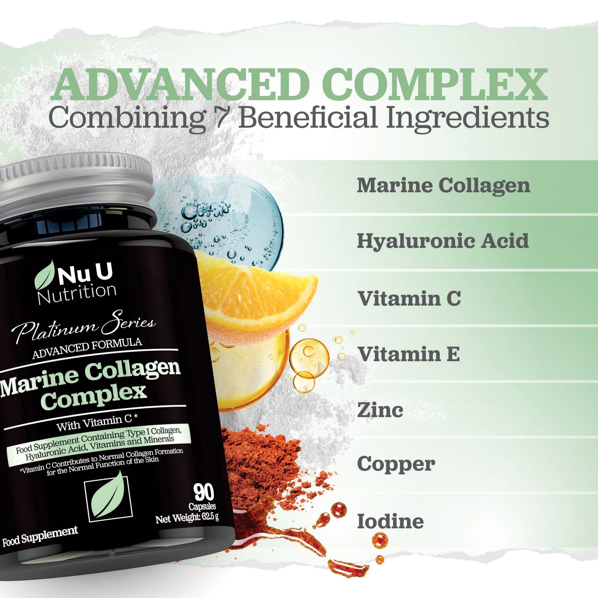 Marine Collagen with Hyaluronic Acid, Vitamin C - 90 Hydrolysed Capsules (not Tablets Nu U Nutrition