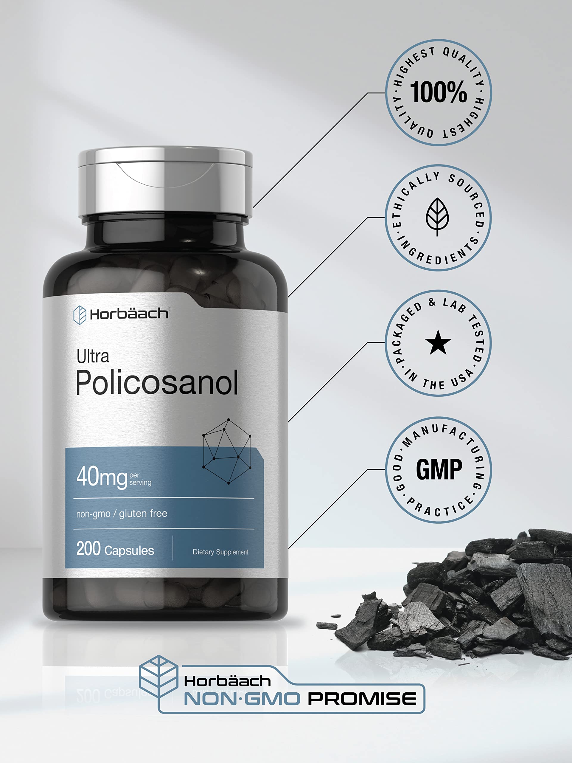 Policosanol 40mg | 200 Capsules | Non-GMO and Gluten Free | by Horbaach Horbäach