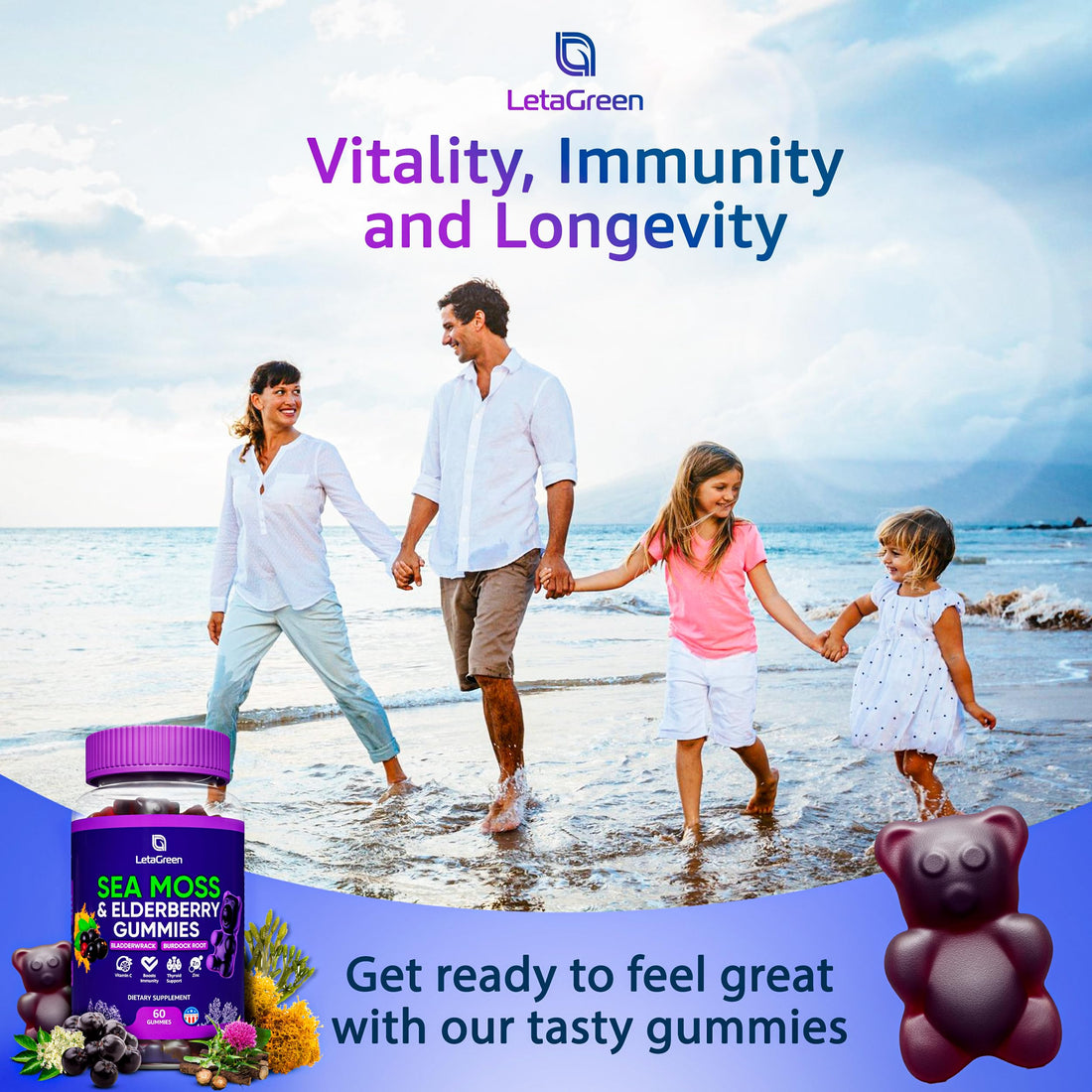 LetaGreen Irish Sea Moss Gummies - 60 Vegan Seamoss Gummies Bears