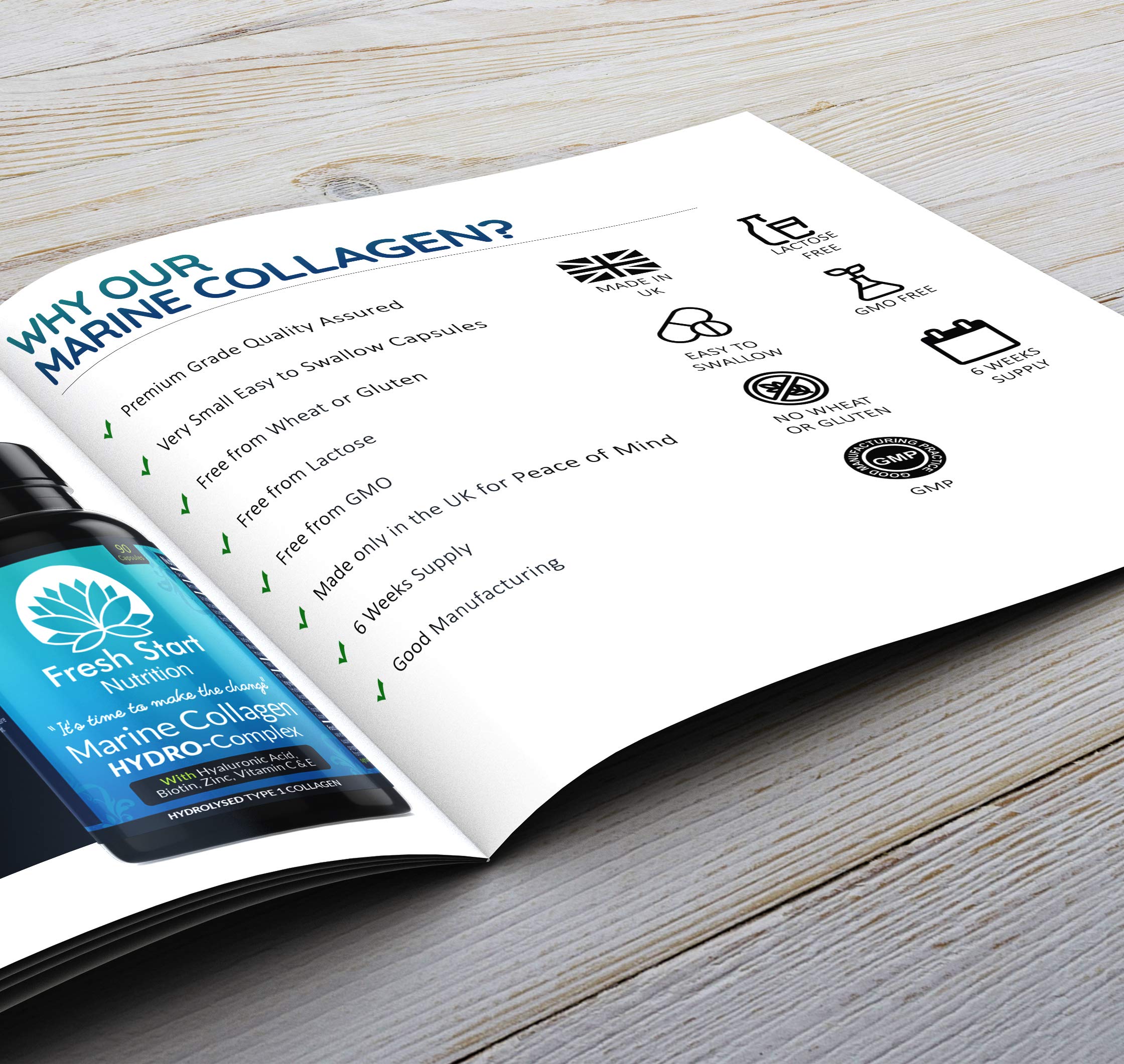 Marine Collagen Tablets 1000mg - 90 Premium Type 1 Hydrolysed Collagen Capsules with Hyaluronic Acid Fresh Start Nutrition