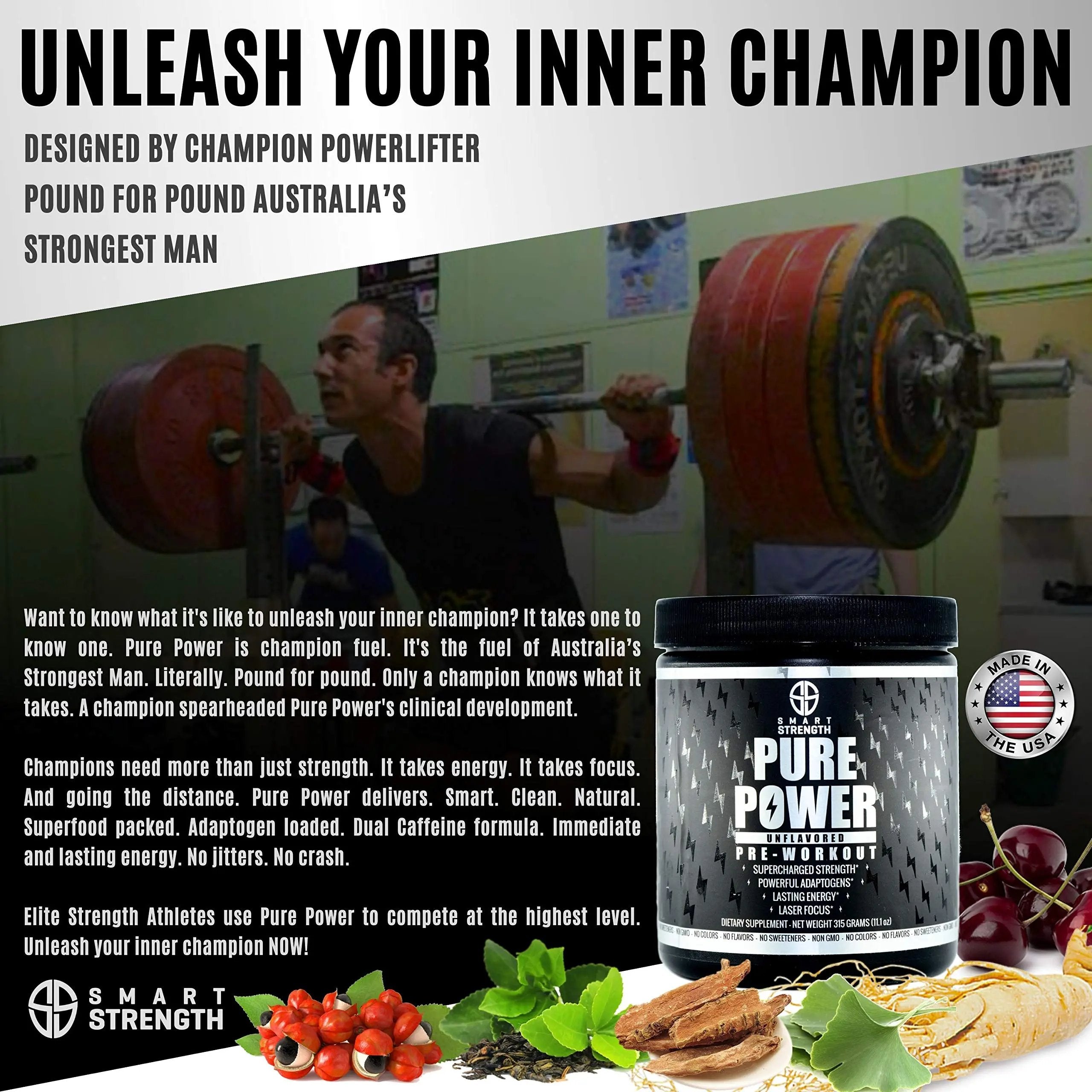 Pre Workout, Best All Natural PreWorkout Supplement. Pure Power, Healthy Pump, Clean, Keto Vegan, Paleo, No Sugar Pre Work Out Powder for Men & Women, Strength & Energy - 315g Unflavored