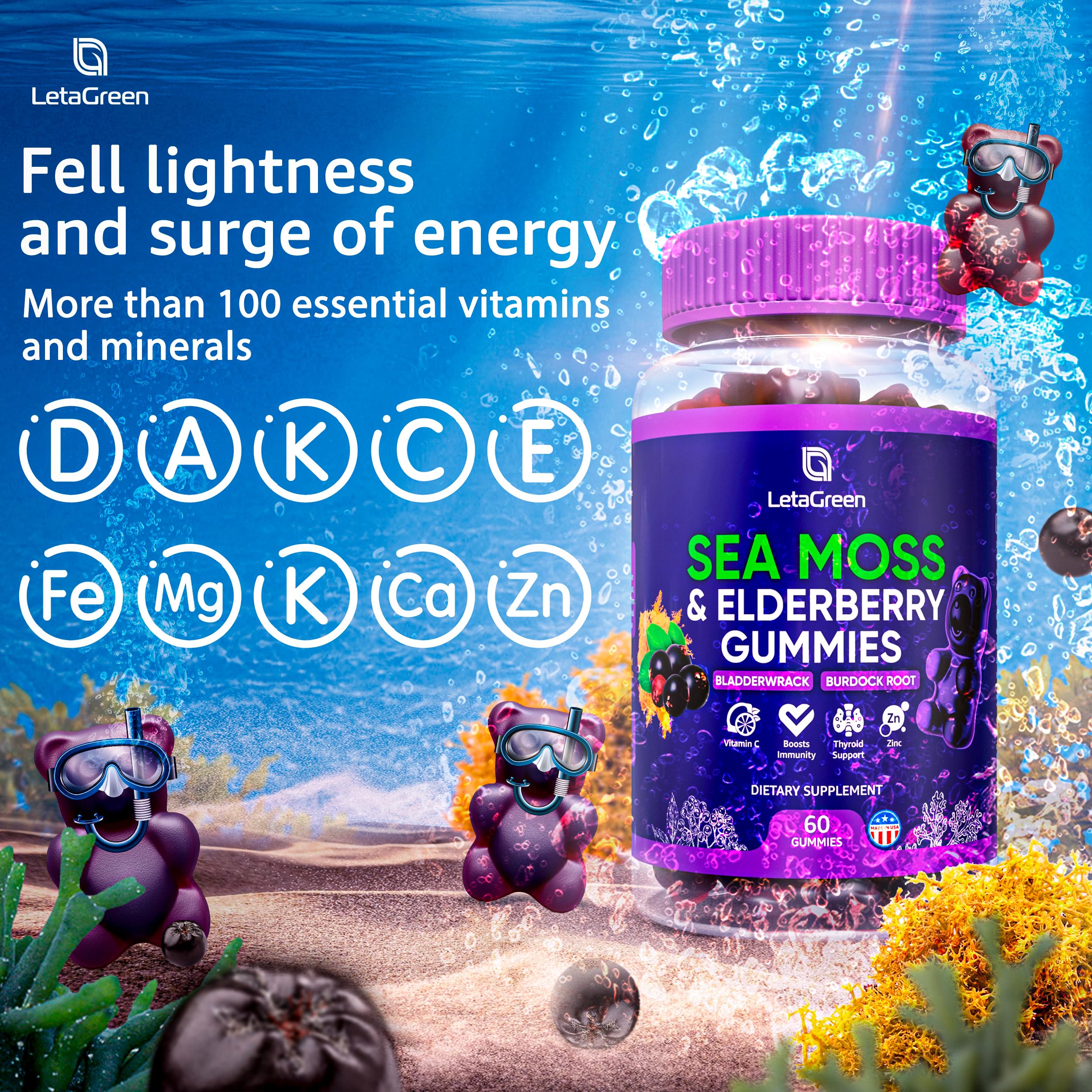 LetaGreen Irish Sea Moss Gummies - 60 Vegan Seamoss Gummies Bears LetaGreen
