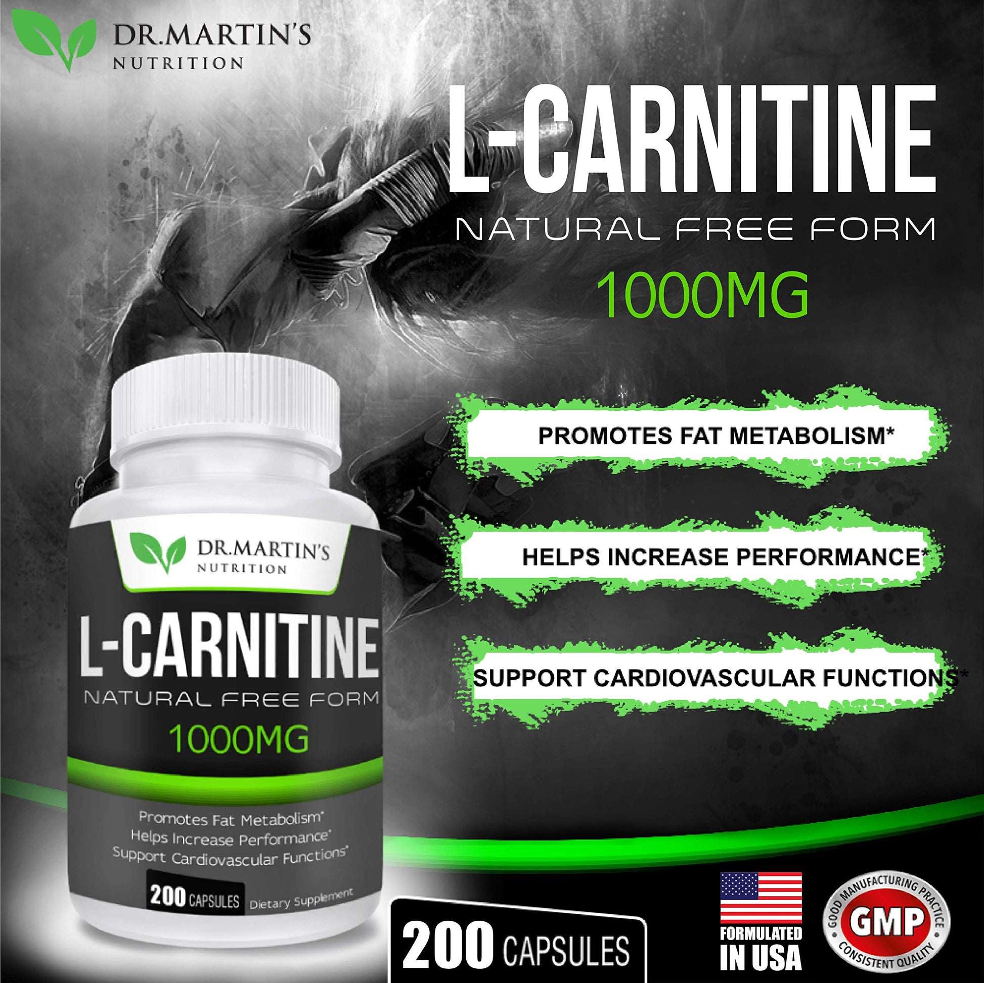 DR. MARTIN'S NUTRITION Extra Strength L-Carnitine - 200 Capsules - 1000mg Per Serving DR. MARTIN'S NUTRITION