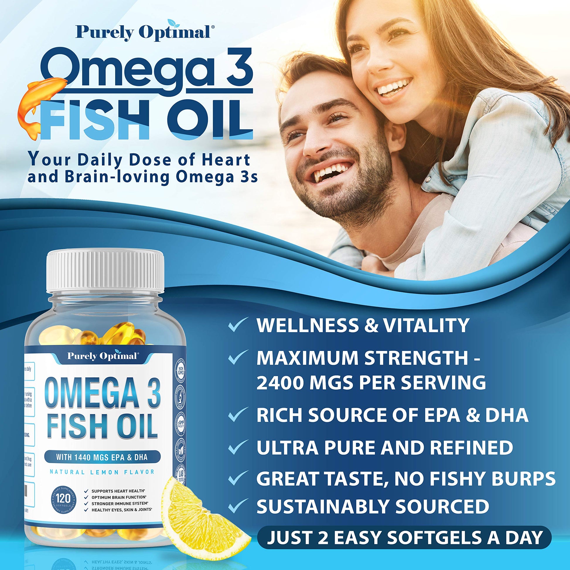 Premium Omega 3 Fish Oil Supplement 2400mg - Burpless Fish Oil Omega3 Softgels Purely Optimal