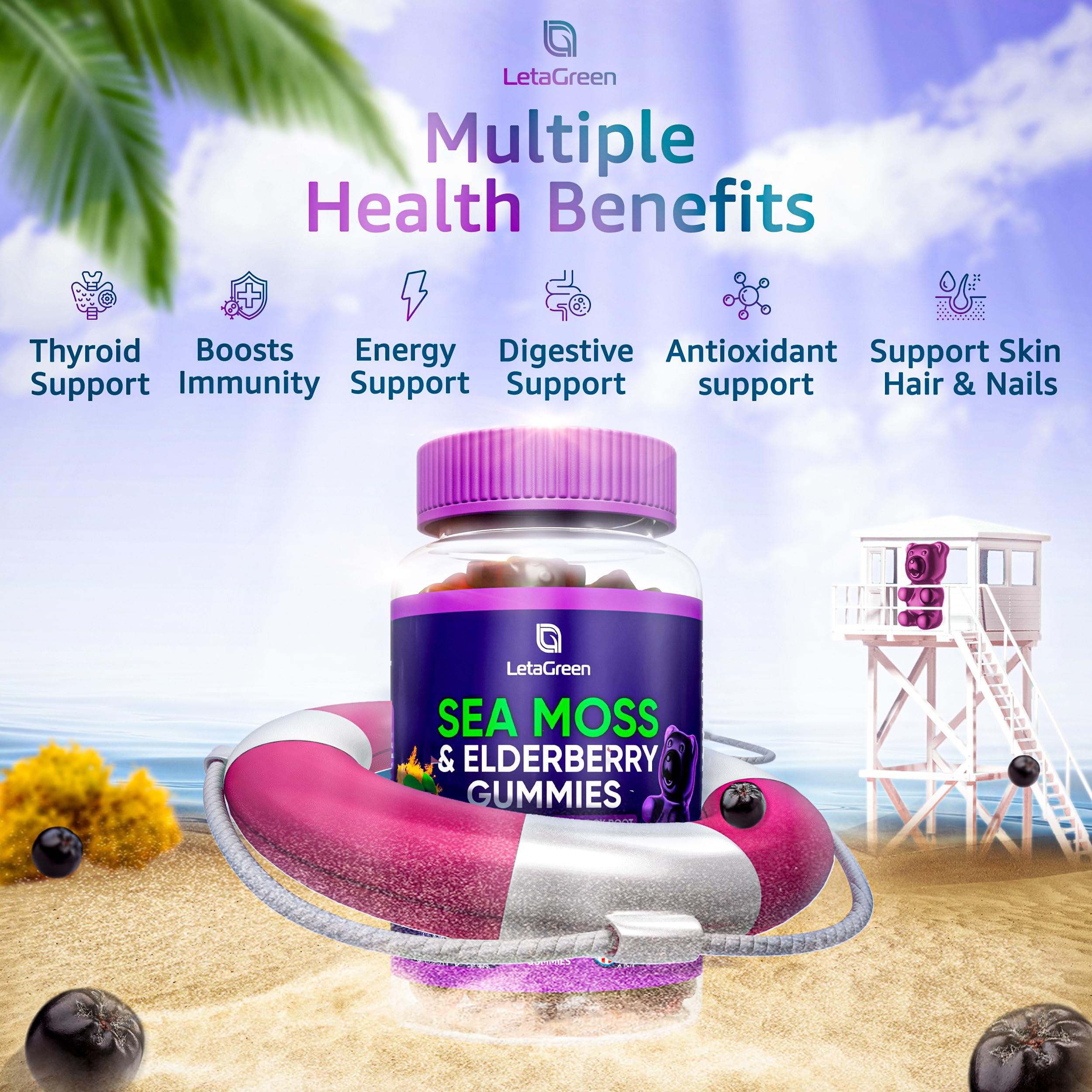 LetaGreen Irish Sea Moss Gummies - 60 Vegan Seamoss Gummies Bears LetaGreen