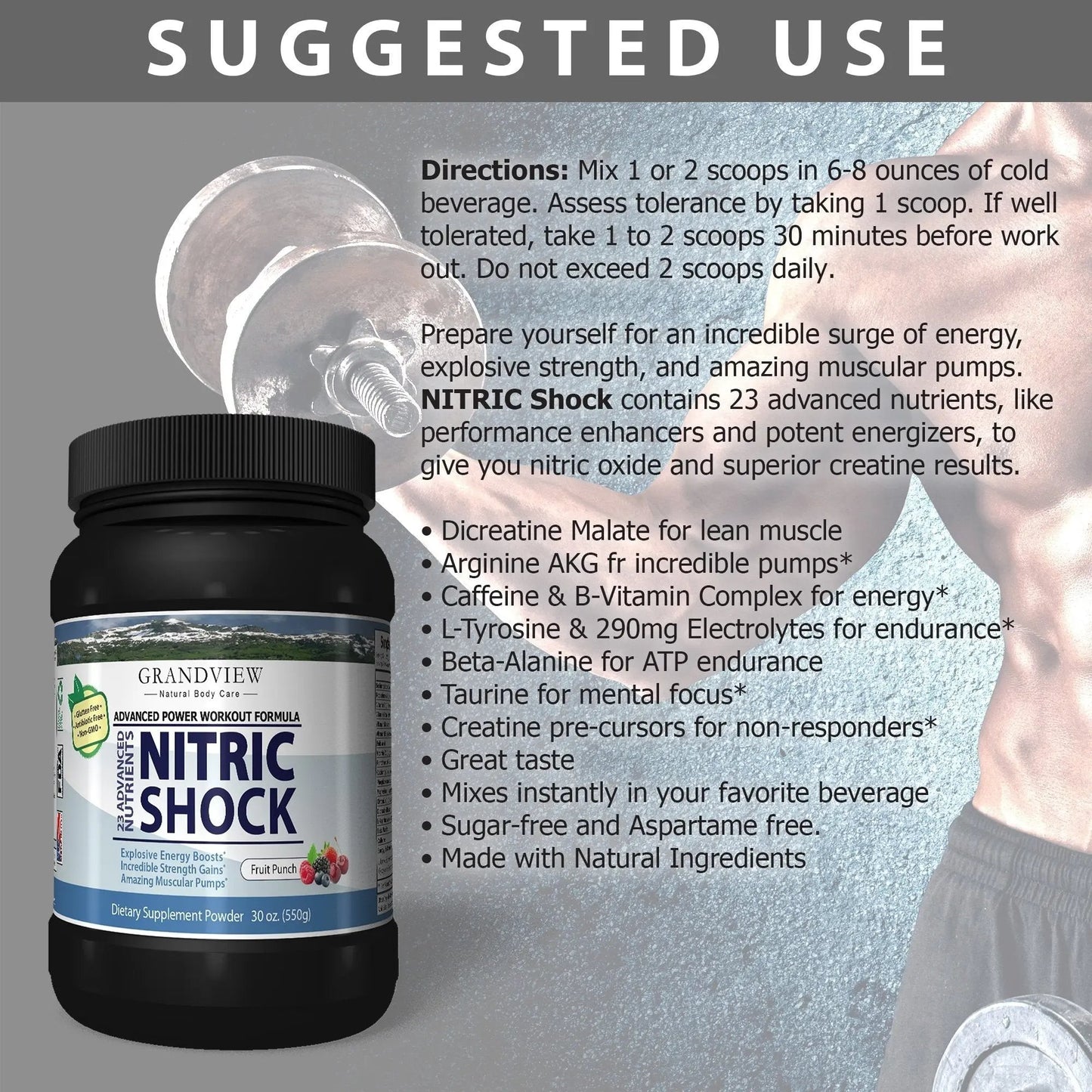 N Shock- Pre Workout Powder, x10 Strength, 44 Servings, (Fruit Punch) Boost Energy, Increase Endurance and Focus, Beta-Alanine, 175mg Caffeine, Citrulline Malate, Nitric Oxide Booster - Keto Friendly