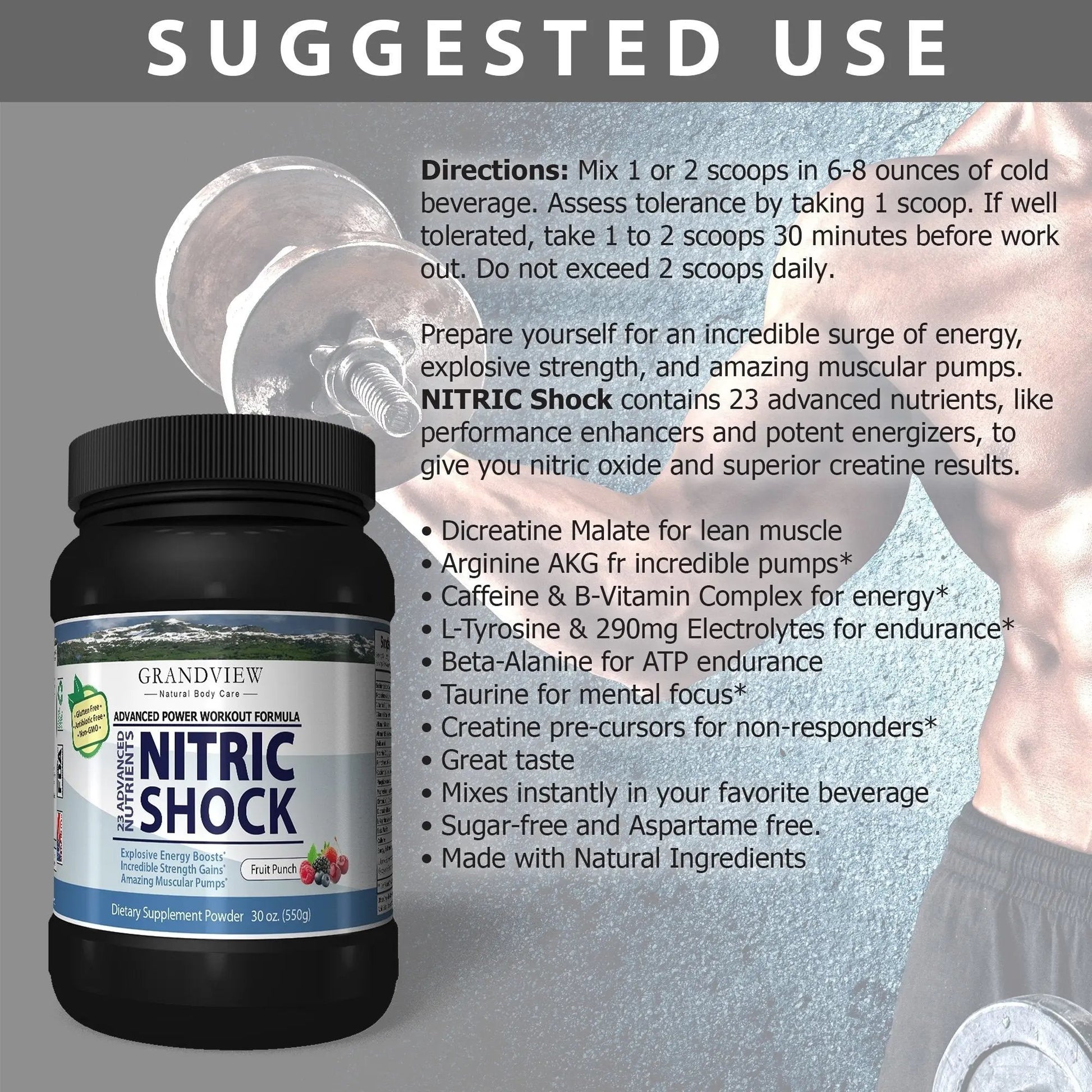 N Shock- Pre Workout Powder, x10 Strength, 44 Servings, (Fruit Punch) Boost Energy, Increase Endurance and Focus, Beta-Alanine, 175mg Caffeine, Citrulline Malate, Nitric Oxide Booster - Keto Friendly