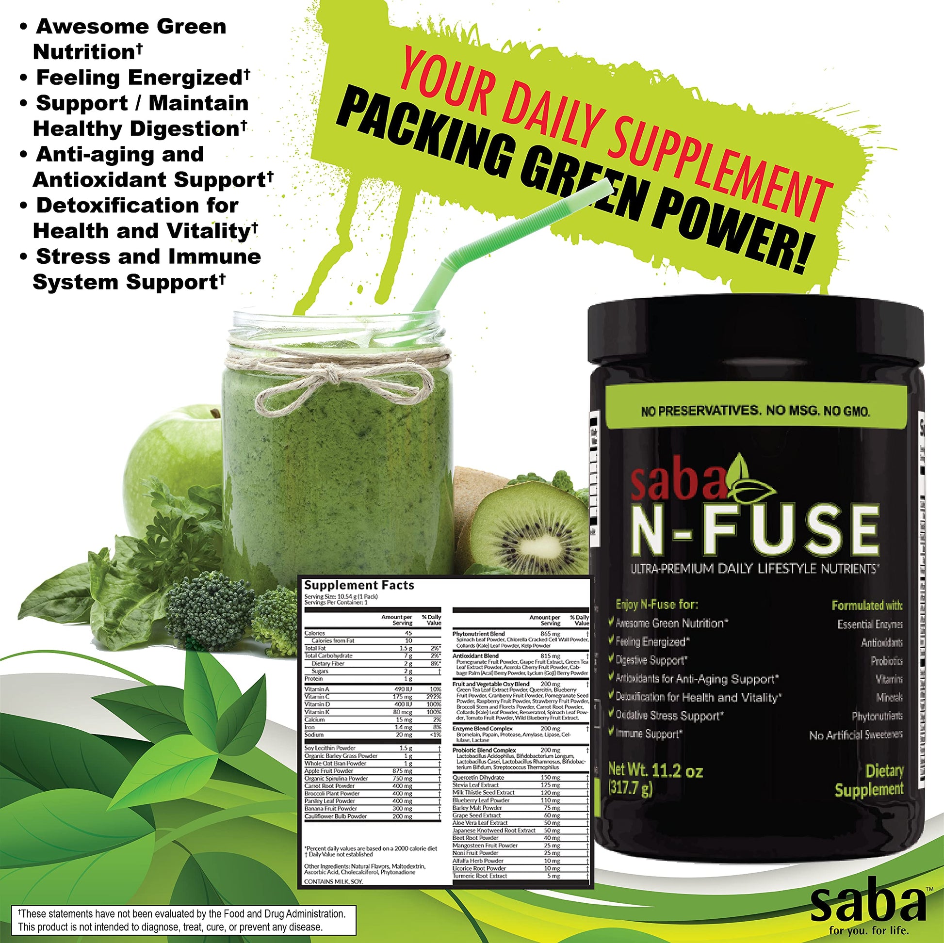 Saba N-Fuse-Whole Food Daily Nutrition,-Phytonutrients, Pre and Probiotics, Enzymes Saba