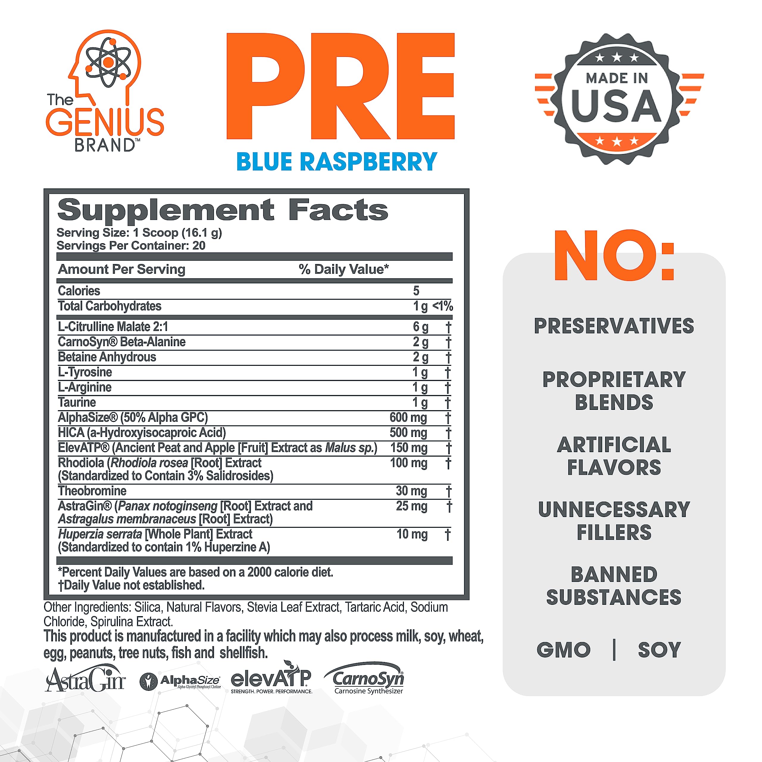 Genius Pre Workout Powder, Blue Raspberry - All-Natural Nootropic Pre-workout & Caffeine The Genius Brand