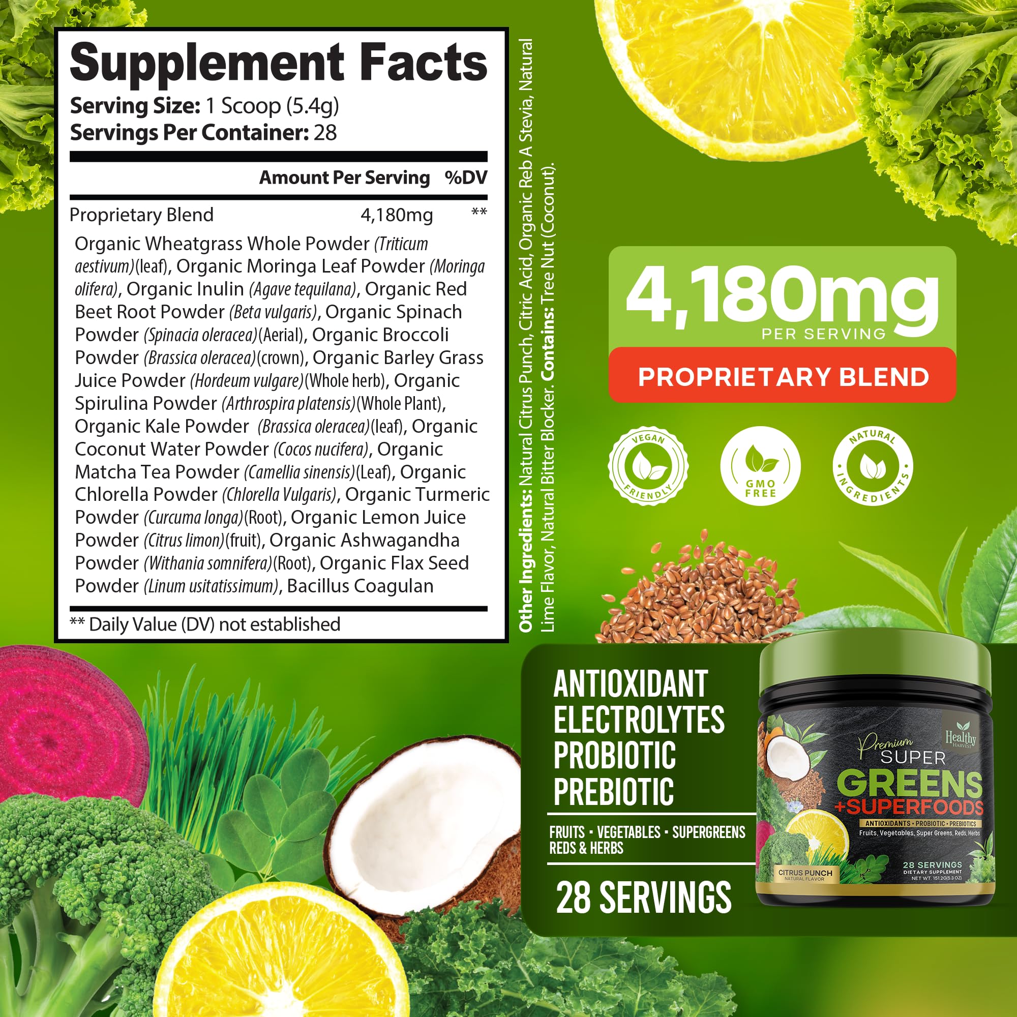 Greens Powder Superfood Supplement - Super Green Reds Smoothie Mix Blend with Spirulina Healthy Harvest Nutrition