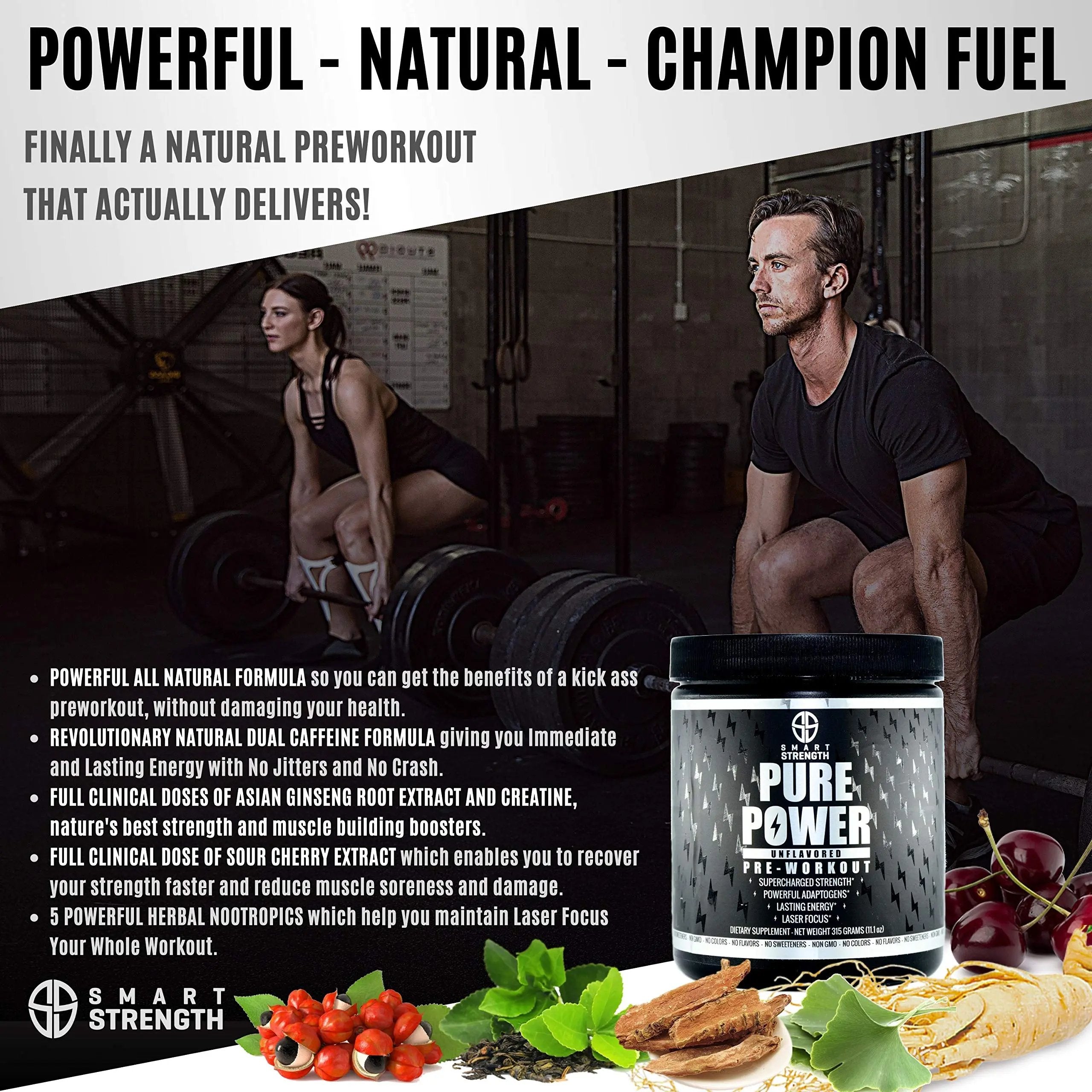 Pre Workout, Best All Natural PreWorkout Supplement. Pure Power, Healthy Pump, Clean, Keto Vegan, Paleo, No Sugar Pre Work Out Powder for Men & Women, Strength & Energy - 315g Unflavored