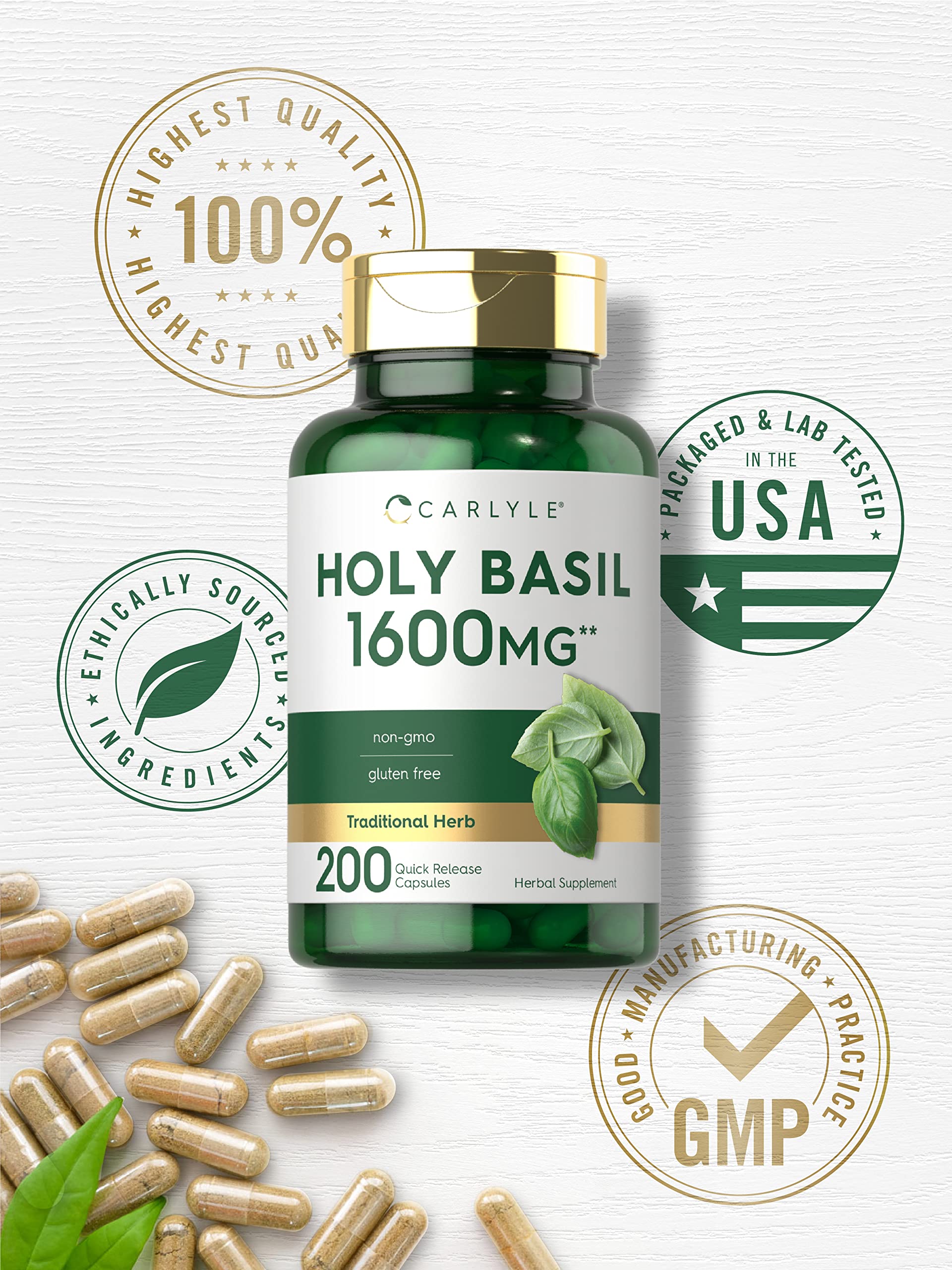 Carlyle Holy Basil Capsules 1600 mg | 200 Count | Tulsi Holy Basil Leaf Extract | Herbal Carlyle