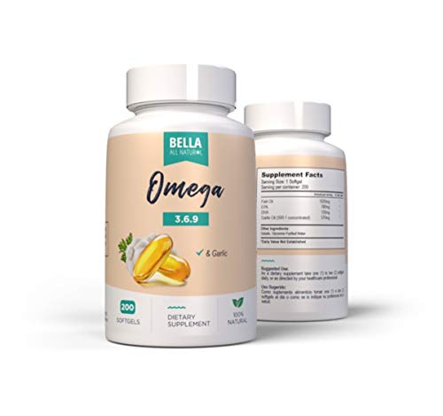 Bella All Natural Omega 3 6 9 with Garlic Oil - 200 Softgels Bella All Natural