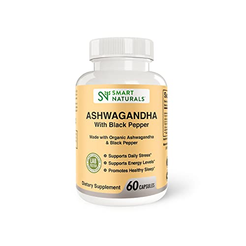Smart Naturals Organic Ashwagandha with Black Pepper Herbal Supplements, Relieves