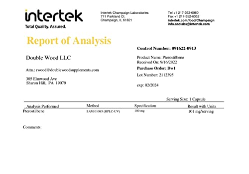 Pterostilbene Supplement 100mg Capsules (Third Party Tested) Manufactured in The USA Double Wood Supplements