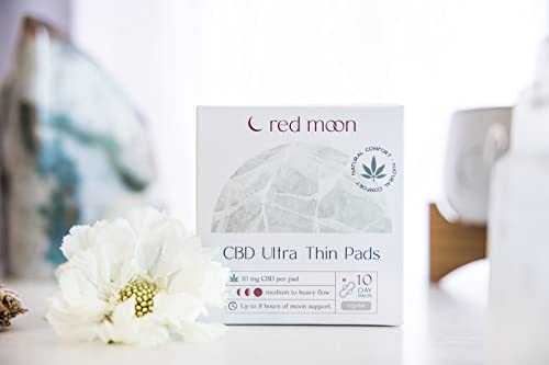 Red Moon Ultra Thin Hemp Pads (Pack of 10) Sanitary Pads for Women, Menstrual Pads- White Red Moon