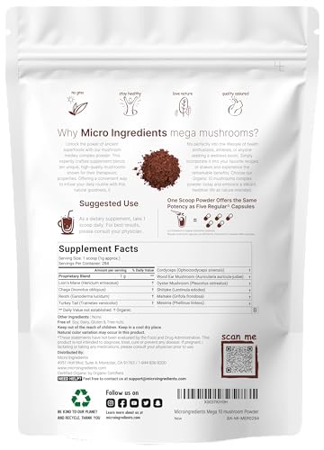 Sustainably US Grown, Organic Mega Mushroom 10 in 1 Complex Formula Powder Micro Ingredients