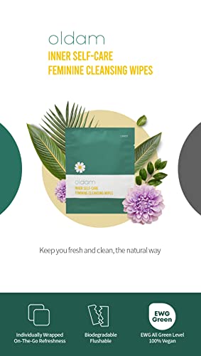 Oldam Feminine Flushable Wipes: 100% Vegan, pH-Balanced, Moisturizers & Essential Oils, Sensitive Skin Oldam