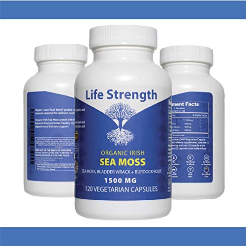 Life Strength Organic Sea Moss 120 CT Wildcrafted Irish Sea Moss and Bladderwrack Burdock