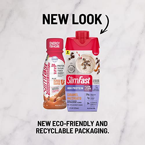 SlimFast Protein Shake with Caffeine, Caramel Macchiato- 20g Protein, Meal Replacement SlimFast