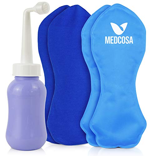 Medcosa Female Ice Pack and Perineal Bottle Set | Reusable Perineal Cold Packs & Portable Bidet Spray Bottle