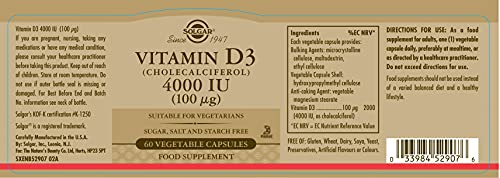 Solgar Vitamin D3 4000 IU (100 µg) Vegetable Capsules - Pack of 60 - Cholecalciferol SOLGAR