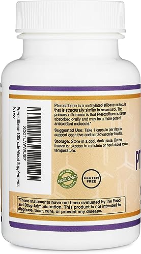 Pterostilbene Supplement 100mg Capsules (Third Party Tested) Manufactured in The USA Double Wood Supplements