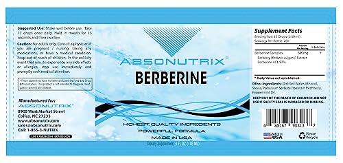 Absonutrix Berberine Supplement 600 mg, 4 Fl Oz Large Bottle, Healthy Weight Loss Support
