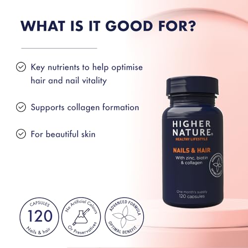 Higher Nature - Nails & Hair - Contains Zinc, Biotin & Collagen - Supports Beautiful Skin - 120 Capsules HIGHER NATURE