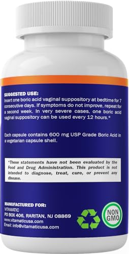 Vitamatic Boric Acid Vaginal Suppositories 600 mg USP Grade Boric Acid in Vegetarian Capsule Shell - 60 Count Vitamatic