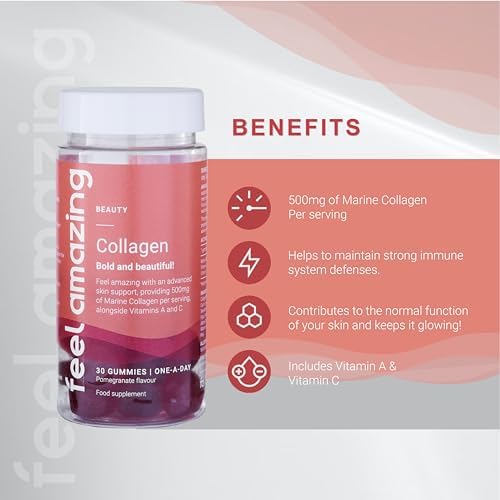 Collagen Gummies with Vitamins A and C, 500mg of Marine Collagen Per Serving, Advanced Skin Support, Feel Amazing