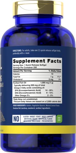 Fish Oil 1000mg | 300mg Omega 3 | 250 Count | Non-GMO and Gluten Free Supplement Carlyle