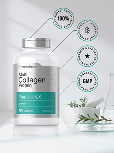 Multi Collagen Protein 2000 mg | 180 Capsules | Type I, II, III, V, X | Collagen Peptide Pills Horbäach