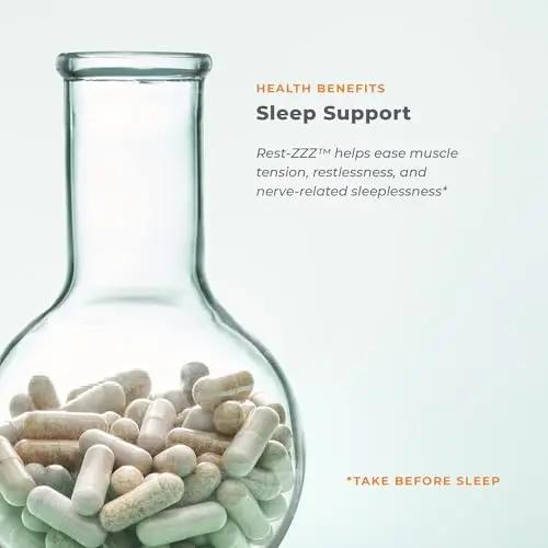 Rest-ZZZ - Powerful Sleep Support Supplement - Fall Asleep & Stay Asleep - Calms Nervous System - Naturally Ease Muscle Tension & Restlessness - Low Dose Melatonin GABA & Chamomile - 60 Capsules