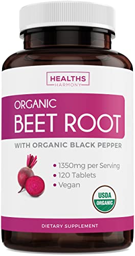 USDA Organic Beet Root Powder (120 Tablets) 1350mg Beets Per Serving with Black Pepper
