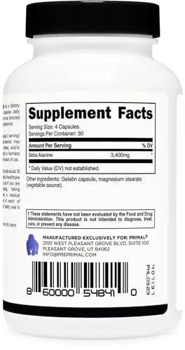 Primal Beta-Alanine Capsules 3400mg (30 Servings, 120 Capsules) - Supplement, Gluten-Free & Non-GMO, 850mg Per Cap