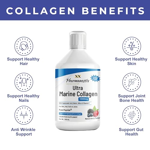 Marine Collagen Liquid 10000mg Sugar Free Berry Flavour, Hydrolysed Peptides, Hyaluronic Acid, Biotin, Silica, Vitamin C, Healthy Skin Pharmanostix