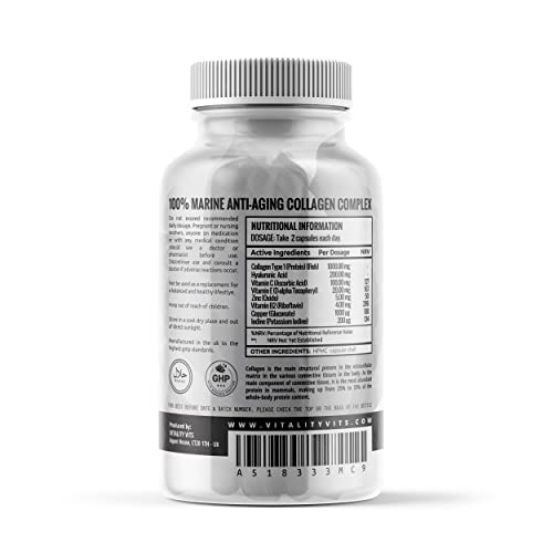 Marine Collagen Complex - High Strength Capsules for Hair, Skin, Nails & Joint Support - Vitamins B2 C & E VITALITYVITS