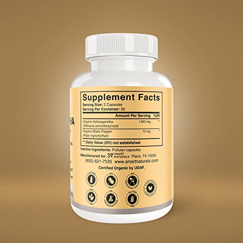 Smart Naturals Organic Ashwagandha with Black Pepper Herbal Supplements, Relieves Smart Naturals
