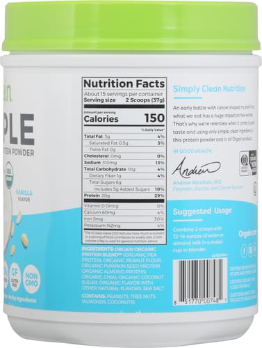 Orgain Organic Simple Vegan Protein Powder, Vanilla - 20g Plant Based Protein Orgain