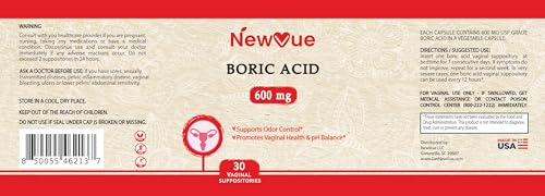 NewVue Boric Acid Vaginal Suppositories - 100% Pure Made in USA - Intimate Health Support (30 Count) NewVue