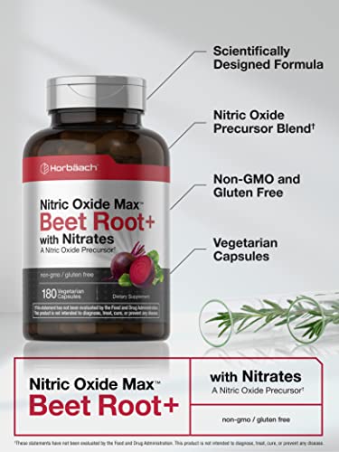Nitric Oxide Beet Root Capsules | with Nitrates | 180 Count | Nitric Oxide Precursor | Vegetarian Horbäach